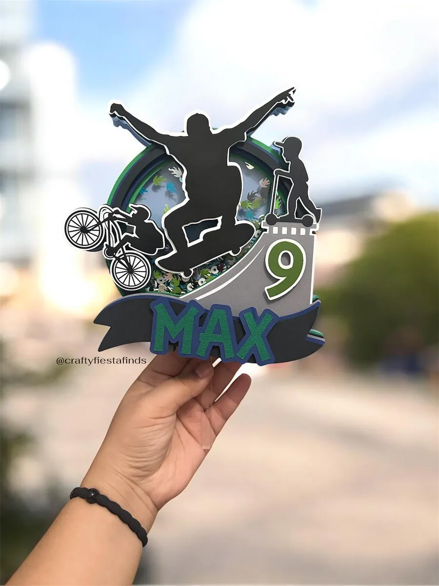 Skateboard and BMX cake topper with a custom name and age