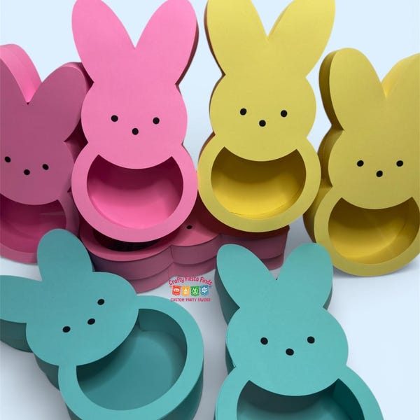 Pastel bunny treat boxes in pink, yellow and teal