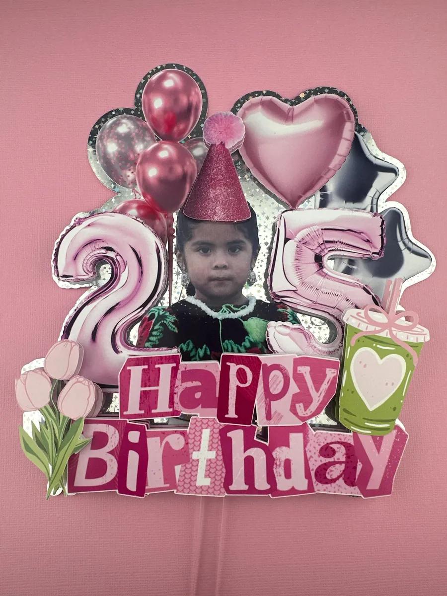 Pink photo birthday cake topper with metallic balloons